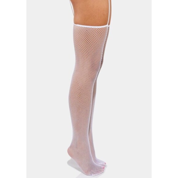 Garter Tights – White Fishnet w/ Attached Belt – Festival Rave Lingerie OS - Picture 2 of 2